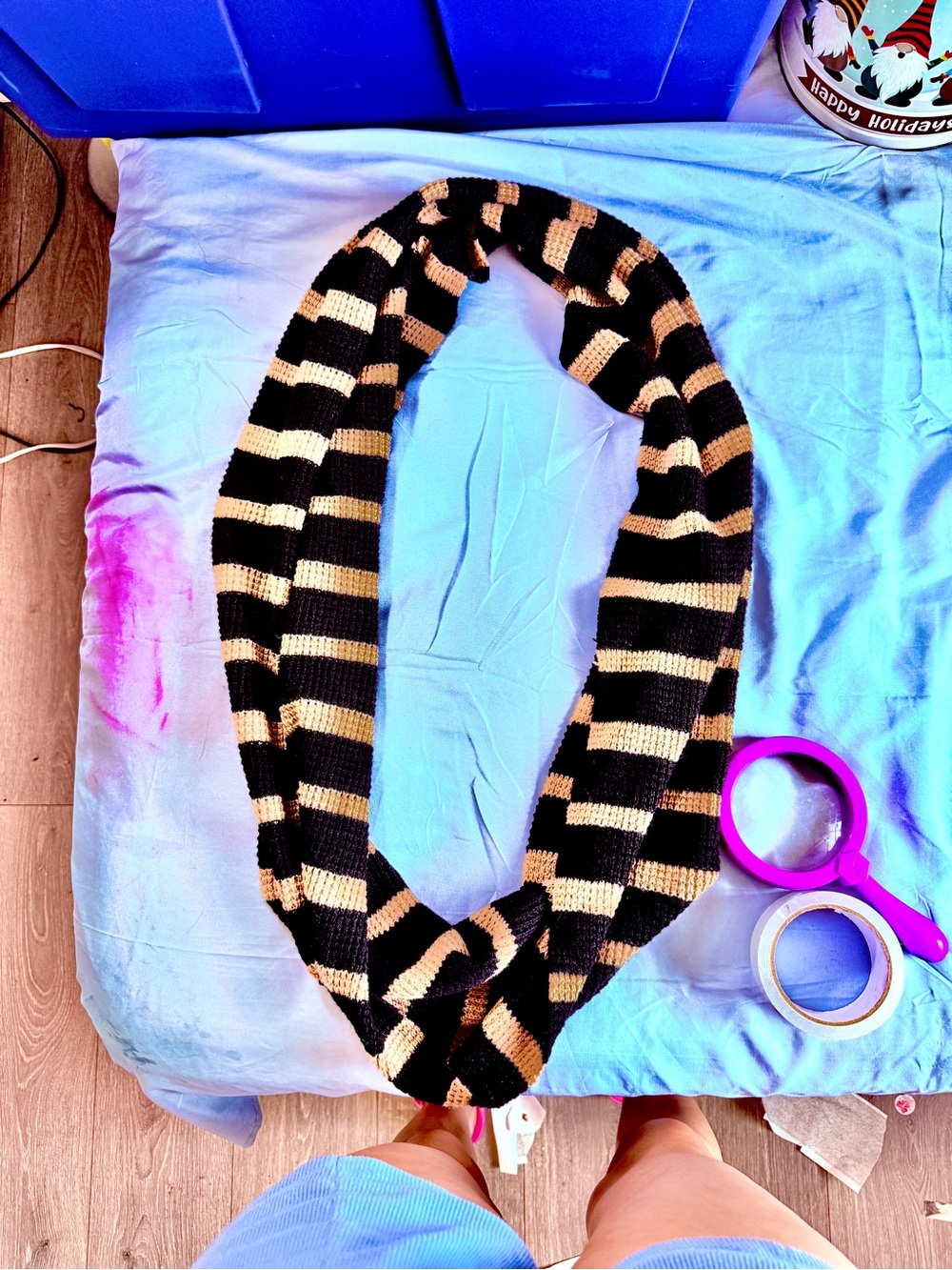 J. Crew Black and Beige 50% Wool Striped Knit Infinity Scarf